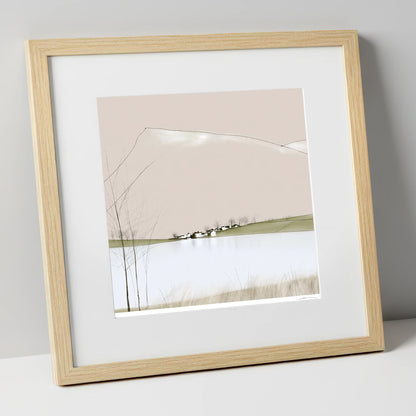 Minimalist Pooley Bridge and Lake lake district village art print in natural frame
