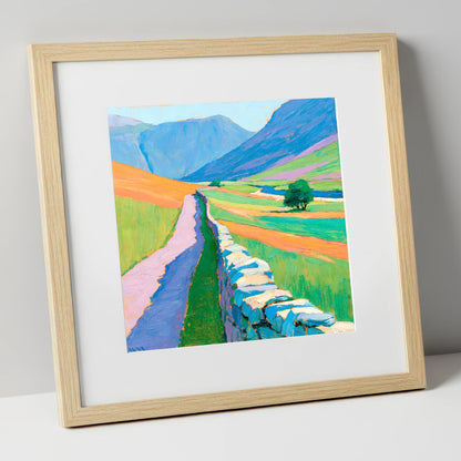 Drystone Wall Through Vivid Valley lake district valley art print in natural frame