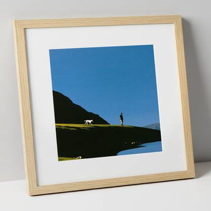 Silhouetted Glenridding Walker and Dog gifts for dog walkers art print in natural frame
