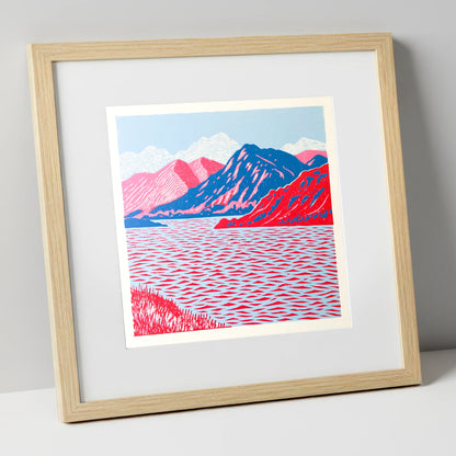 Ullswater in Vivid Red and Blue lake district lake art print in natural frame