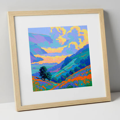 Vibrant Morning Valley Mist lake district sky art print in natural frame