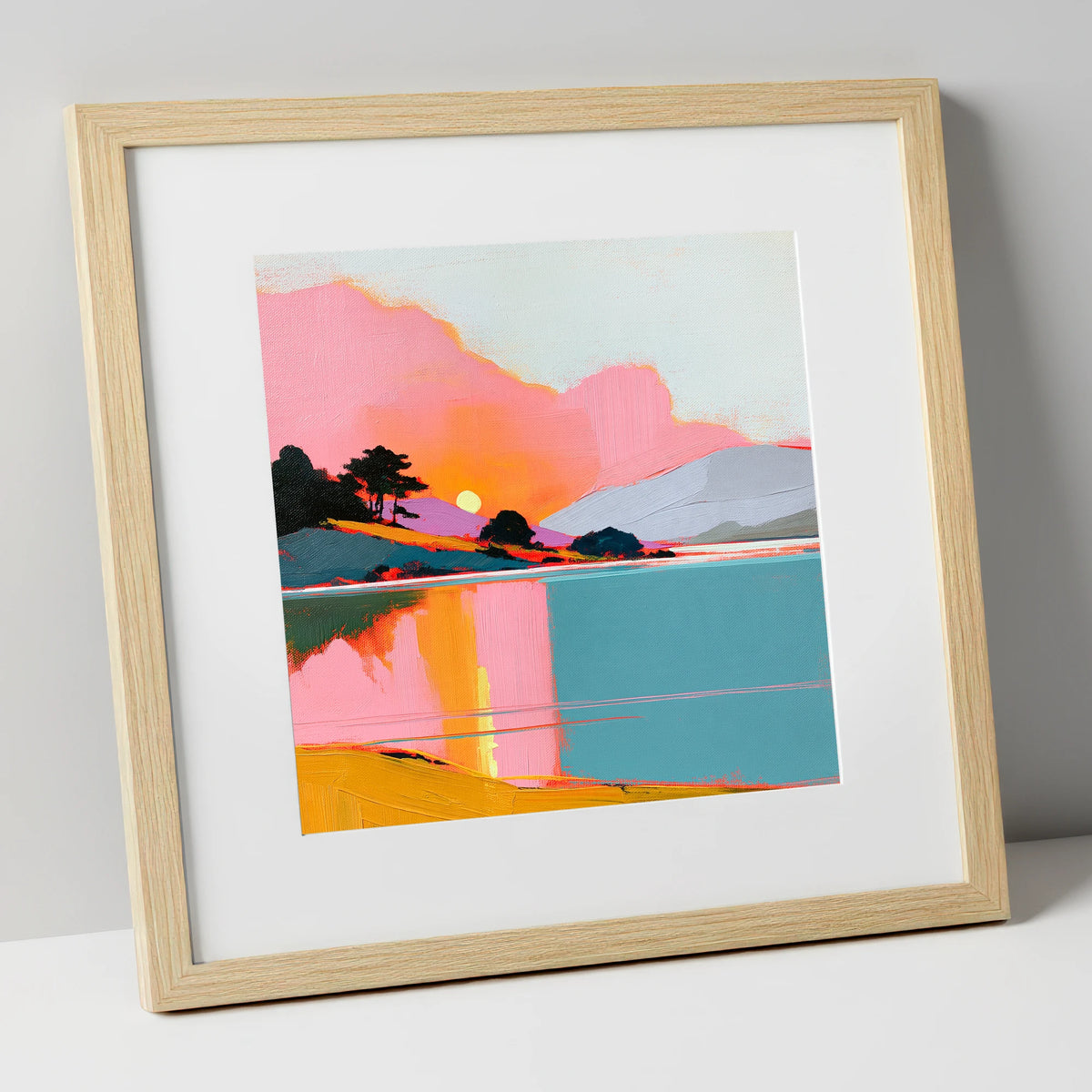 Pink Sunset Over Lake Water lake district lake art print in natural frame