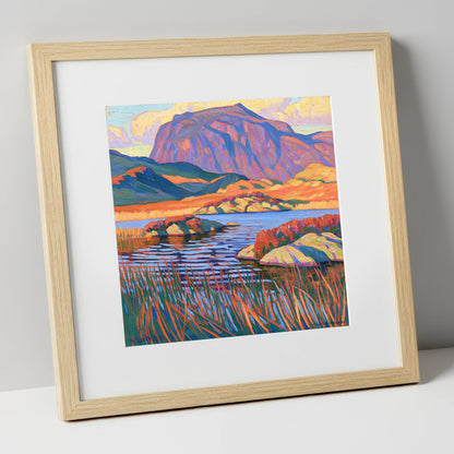 Vibrant Haystacks and Mountain Tarn lake district fell art print in natural frame
