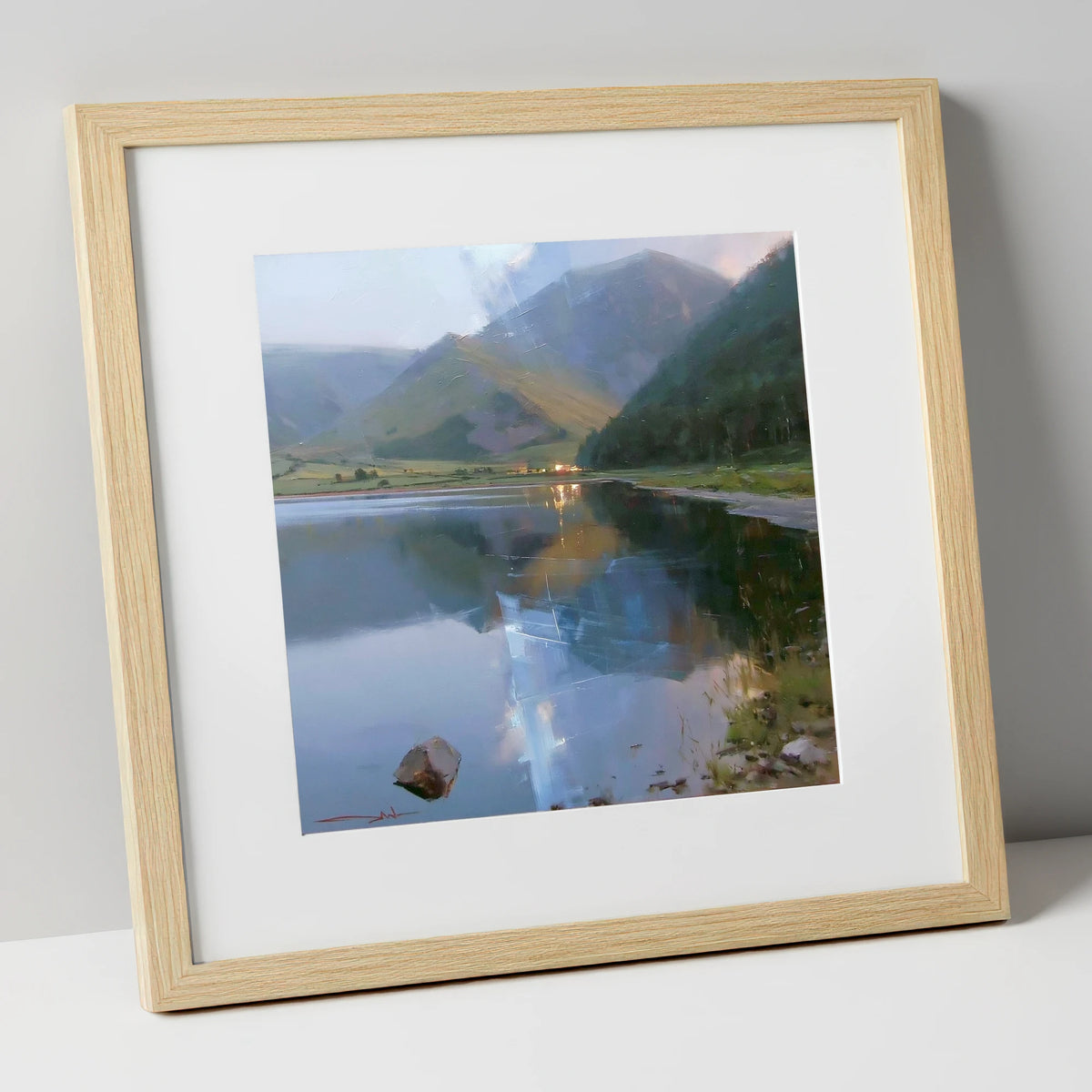 Evening Reflections on Loweswater lake district lake art print in natural frame