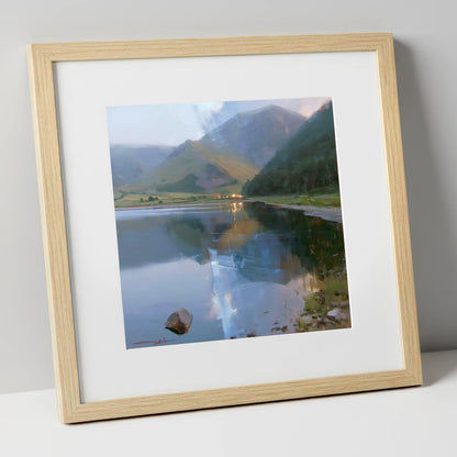 Evening Reflections on Loweswater lake district lake art print in natural frame
