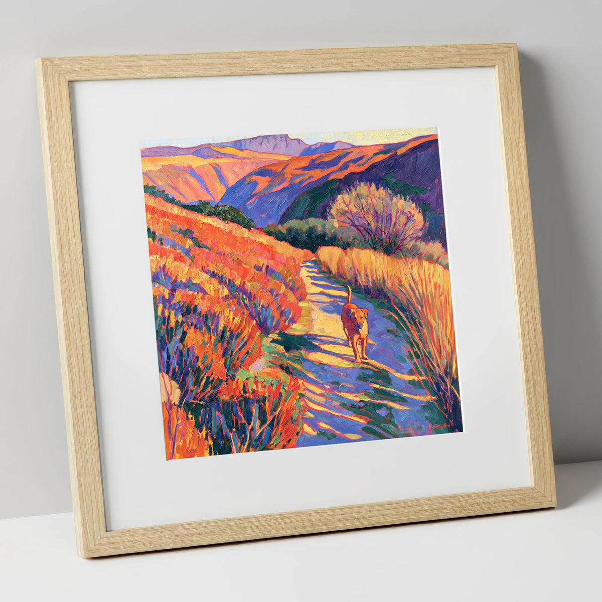 Sunlit Dog Path Near Patterdale gifts for dog walkers art print in natural frame