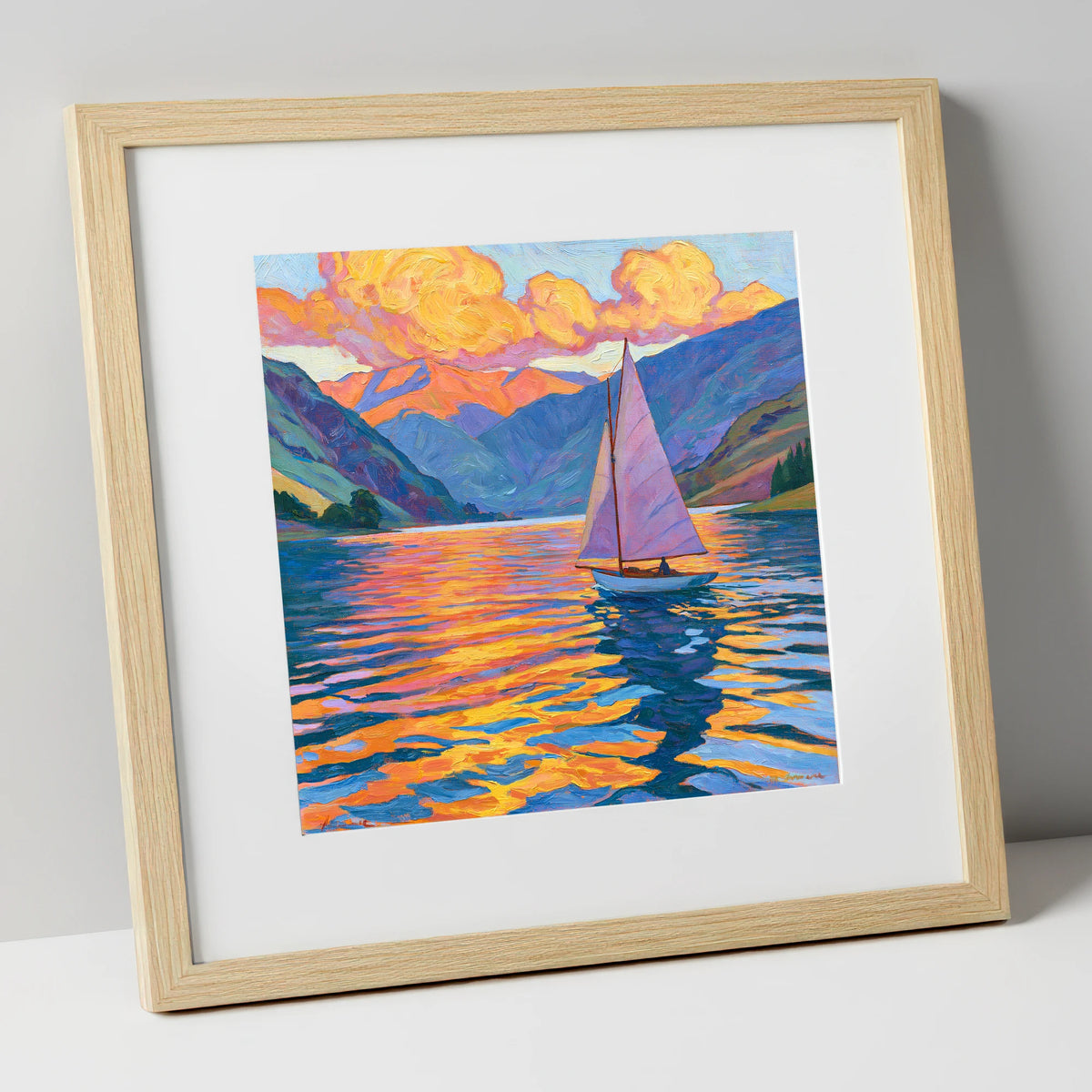 Sailing the Lake at Golden Hour lake district walking art print in natural frame