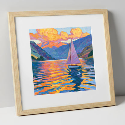 Sailing the Lake at Golden Hour lake district walking art print in natural frame