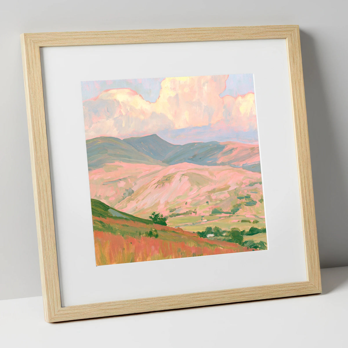 Pastel Light on Rolling Fells lake district fell art print in natural frame