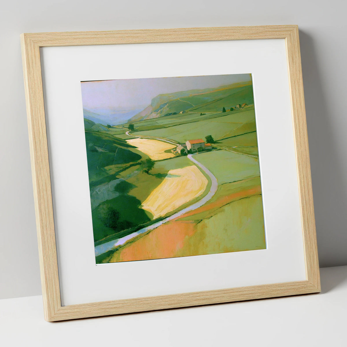 Valley Farm in Golden Light lake district valley art print in natural frame