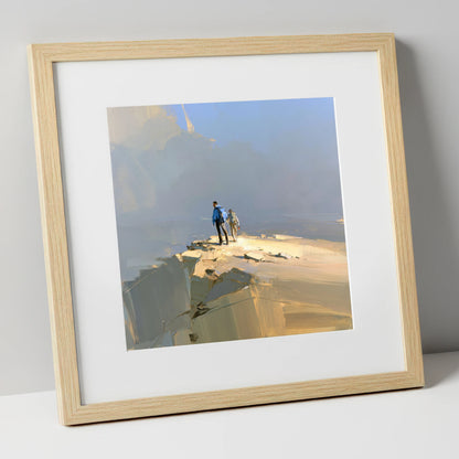 Hikers on Sunlit Fell Summit lake district fell art print in natural frame
