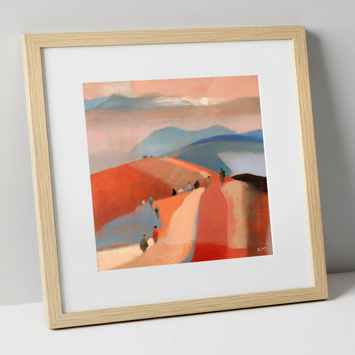 Walkers on a Sunset Mountain Path lake district walking art print in natural frame