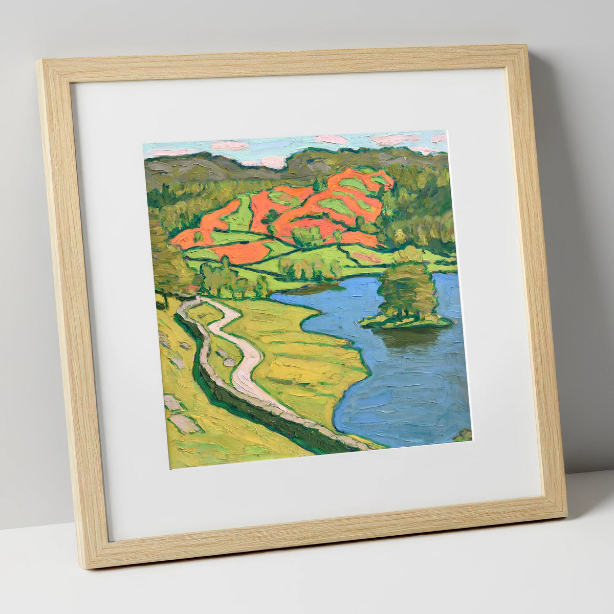 Vibrant Rydal Water Shore Path lake district lake art print in natural frame