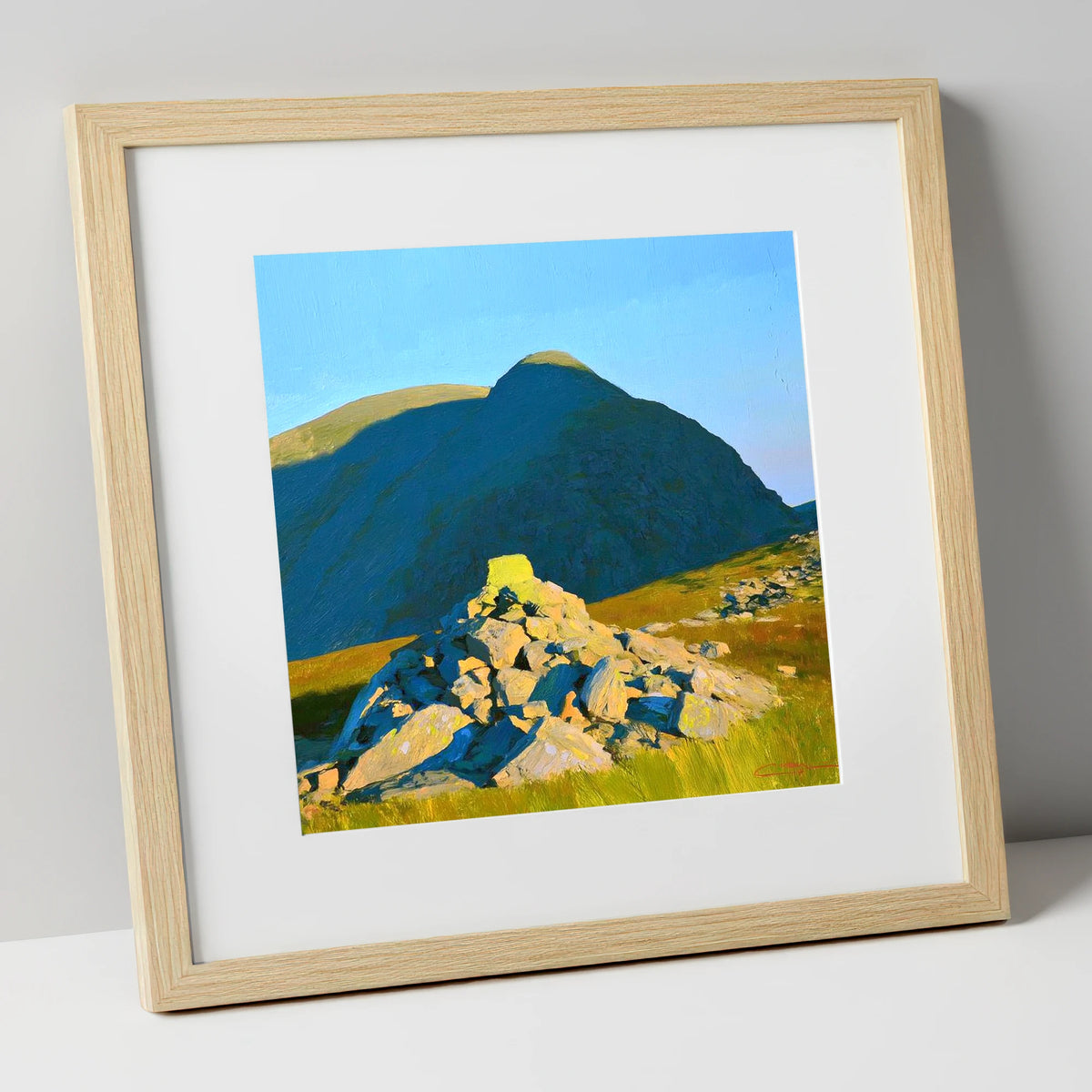 Sunlit Cairn Below Brandreth Peak lake district fell art print in natural frame