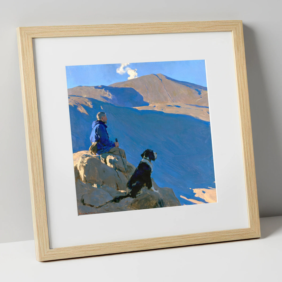 Sunlit Walker and Dog on Great Gable gifts for dog walkers art print in natural frame