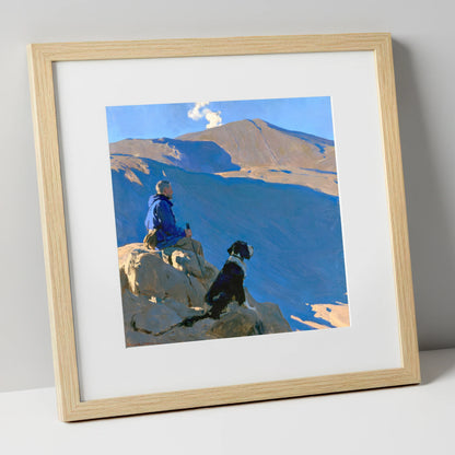 Sunlit Walker and Dog on Great Gable gifts for dog walkers art print in natural frame