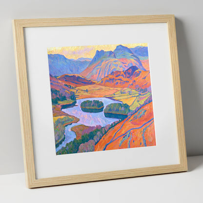 Radiant Fells Above Elter Water lake district lake art print in natural frame