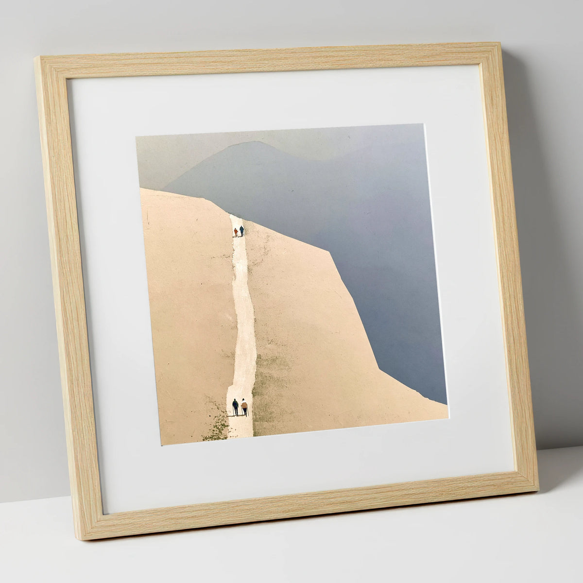 Fell Walkers on the Ochre Ridge lake district walking art print in natural frame