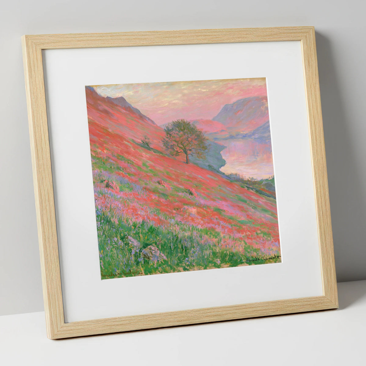 Sunset Pink Over Rannerdale Bluebells lake district lake art print in natural frame