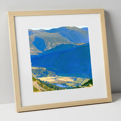 Sunlit Patterdale from Place Fell lake district village art print in natural frame