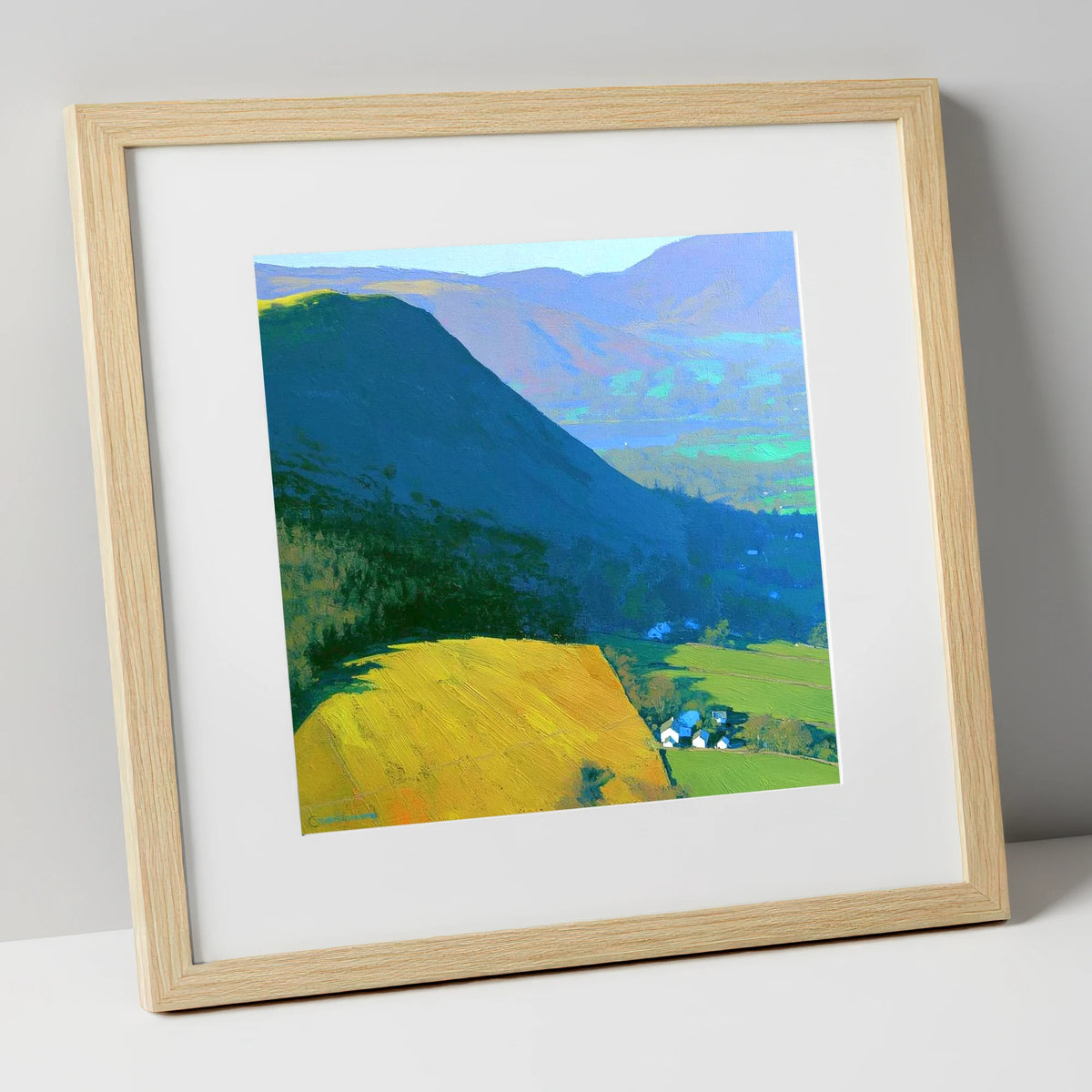 Vibrant Sunlight on Dodd Fell lake district fell art print in natural frame