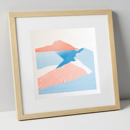 Helvellyn in Coral and Blue lake district fell art print in natural frame