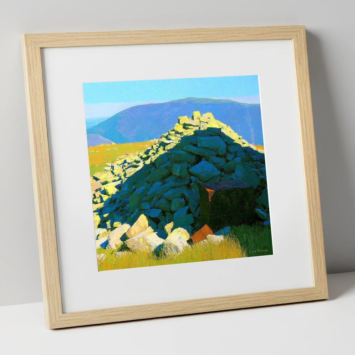 Sunlit Cairn on Grike Summit lake district fell art print in natural frame
