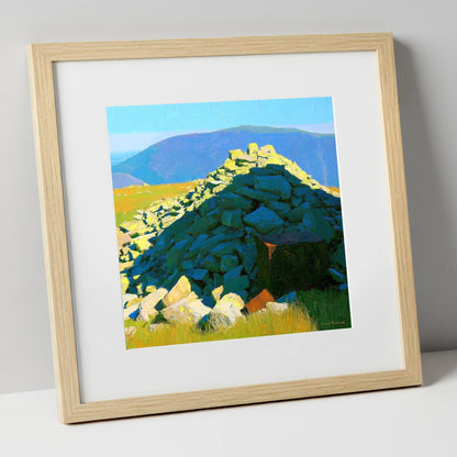 Sunlit Cairn on Grike Summit lake district fell art print in natural frame