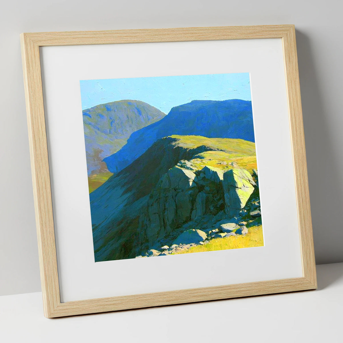 Sunlit Ridge on Crinkle Crags lake district fell art print in natural frame