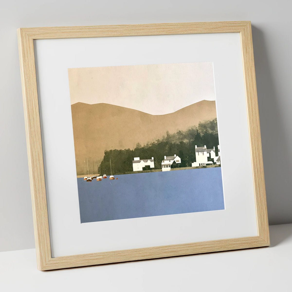 Moored Boats at Bowness Bay lake district village art print in natural frame