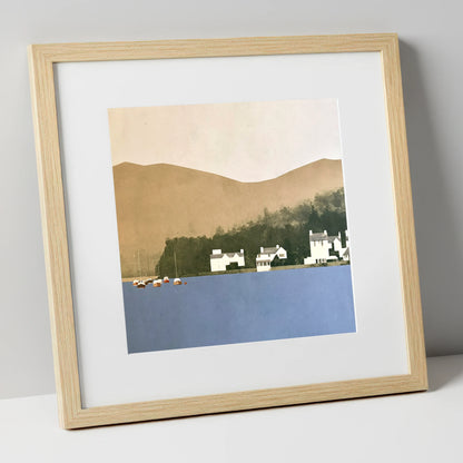 Moored Boats at Bowness Bay lake district village art print in natural frame
