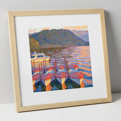 Red Covered Boats on Windermere lake district lake art print in natural frame