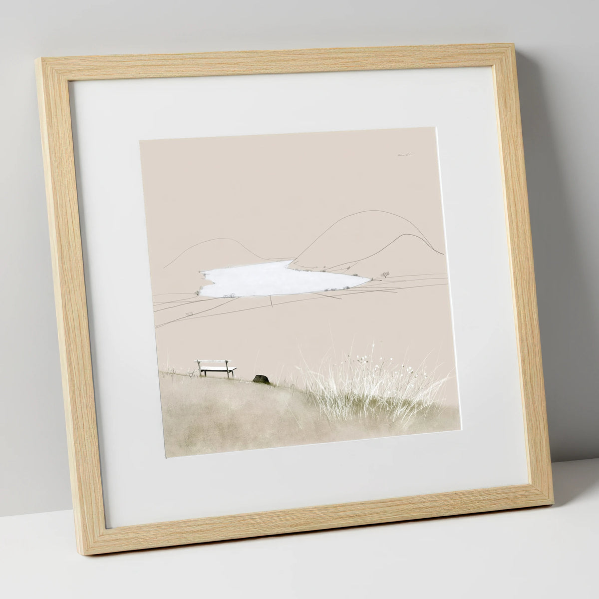 Loweswater Bench in Neutral Tones lake district lake art print in natural frame