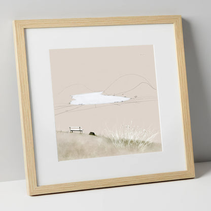 Loweswater Bench in Neutral Tones lake district lake art print in natural frame