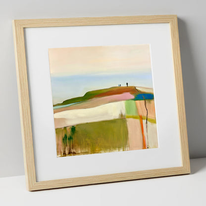 Abstract Fell Ridge with Hikers lake district fell art print in natural frame