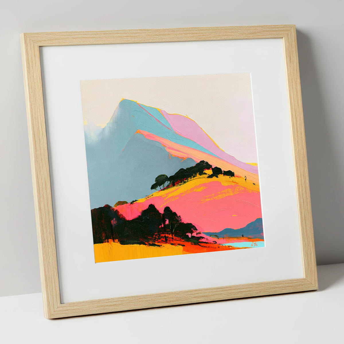 Vibrant Pink Mountain Ridge lake district fell art print in natural frame