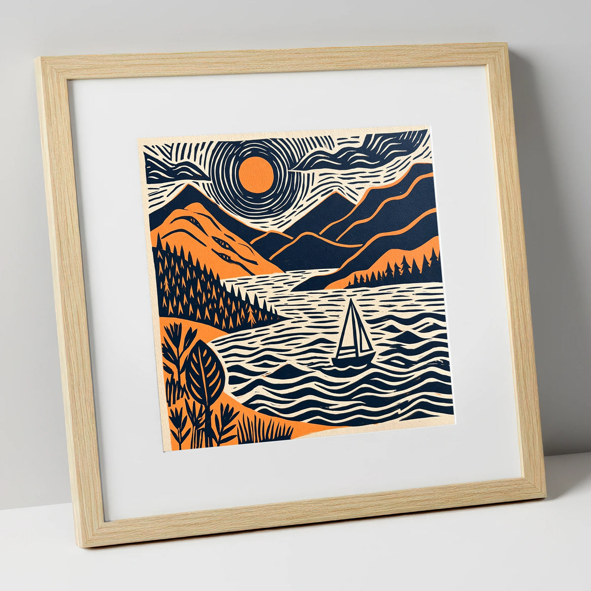 Windermere Sailboat Beneath Radiating Sun lake district lake art print in natural frame
