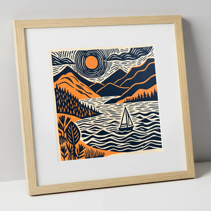 Windermere Sailboat Beneath Radiating Sun lake district lake art print in natural frame