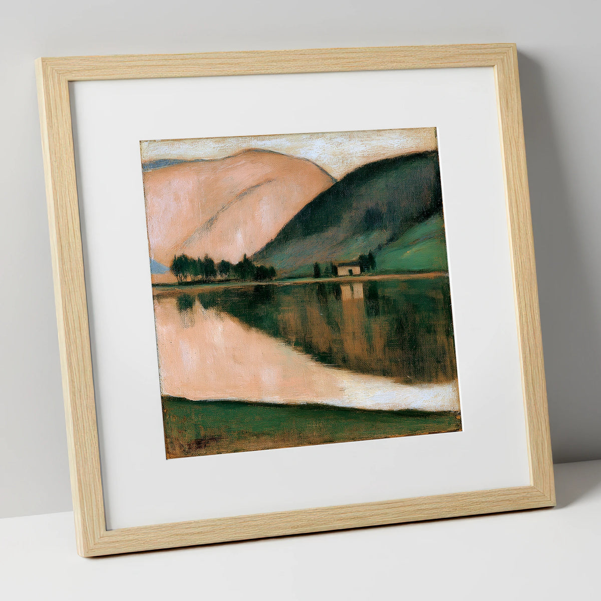 Calm Lake and Terracotta Fells lake district lake art print in natural frame