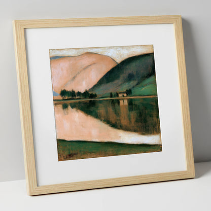 Calm Lake and Terracotta Fells lake district lake art print in natural frame