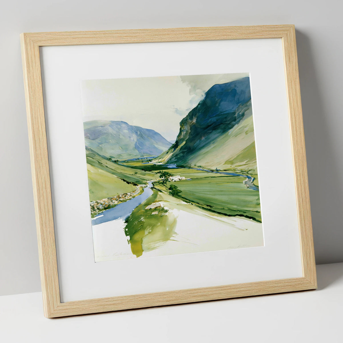 Green Valley and Winding Beck lake district valley art print in natural frame