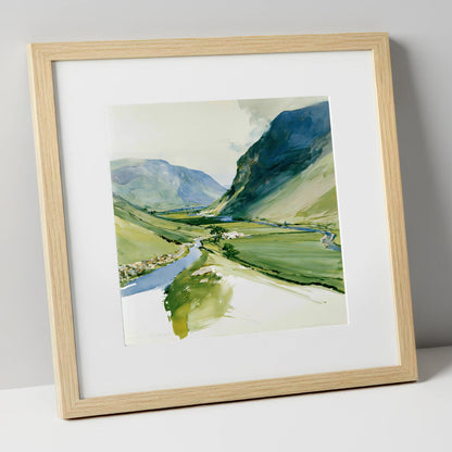 Green Valley and Winding Beck lake district valley art print in natural frame