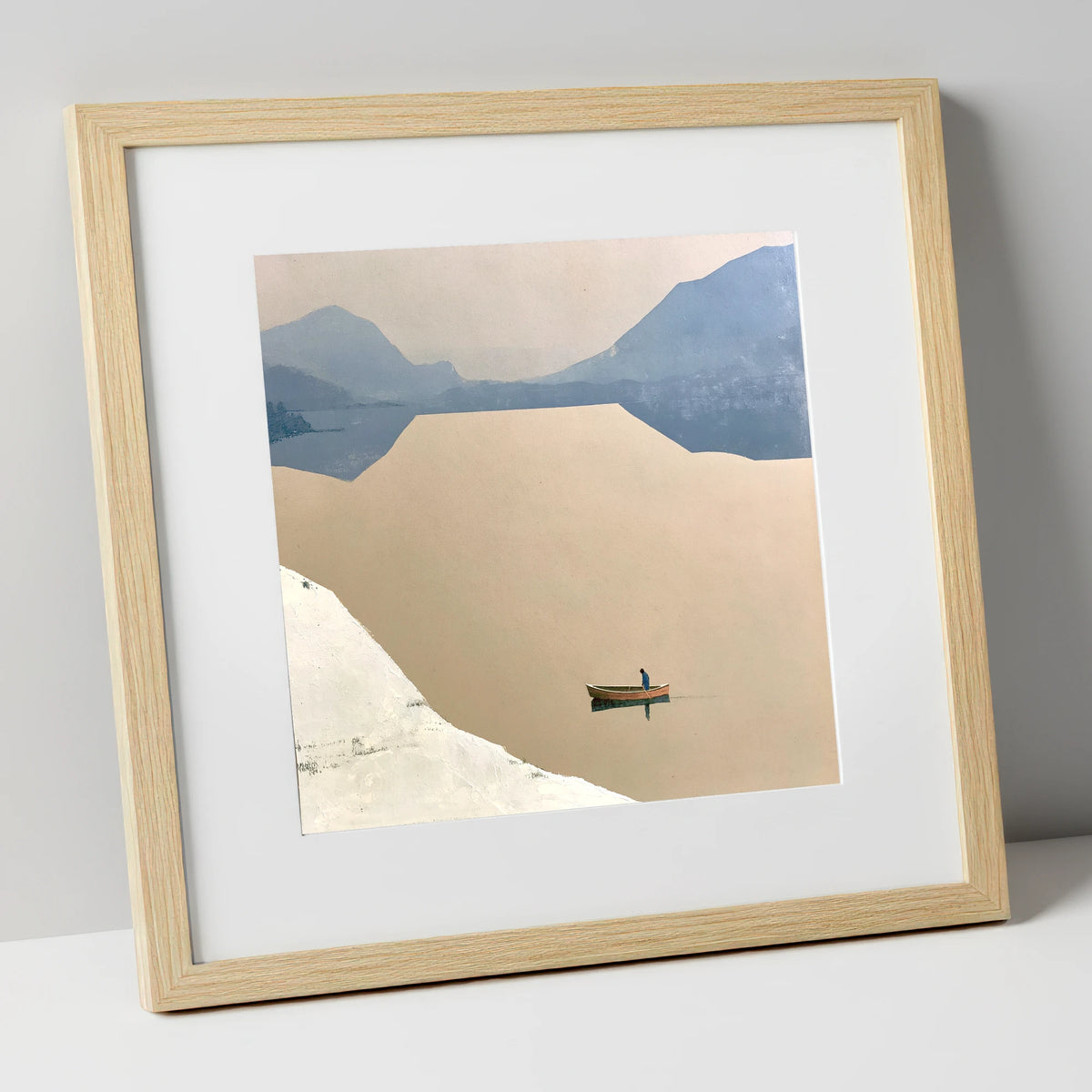 Lone Rower on an Ochre Lake lake district lake art print in natural frame