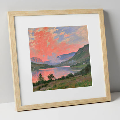 Coral Sunset Over The Lake lake district lake art print in natural frame