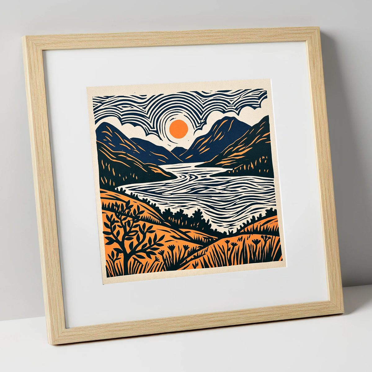 Orange Sun Over Ennerdale Water lake district valley art print in natural frame