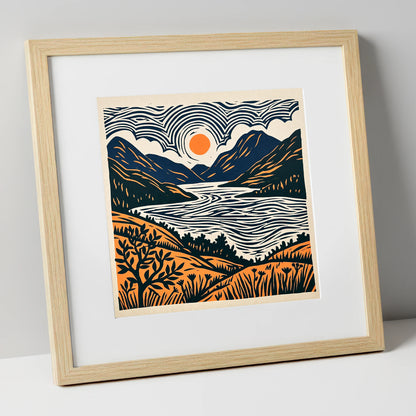 Orange Sun Over Ennerdale Water lake district valley art print in natural frame
