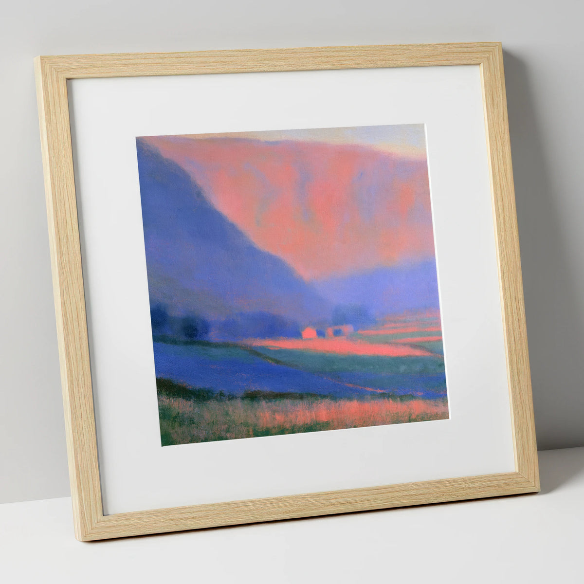 Pink Light on Patchwork Fields lake district valley art print in natural frame