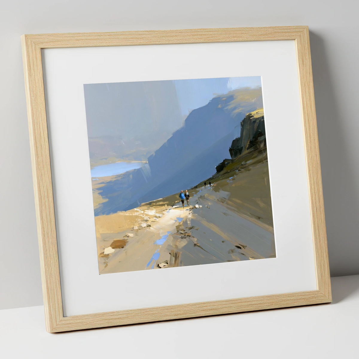Fell Walkers on a High Path lake district walking art print in natural frame