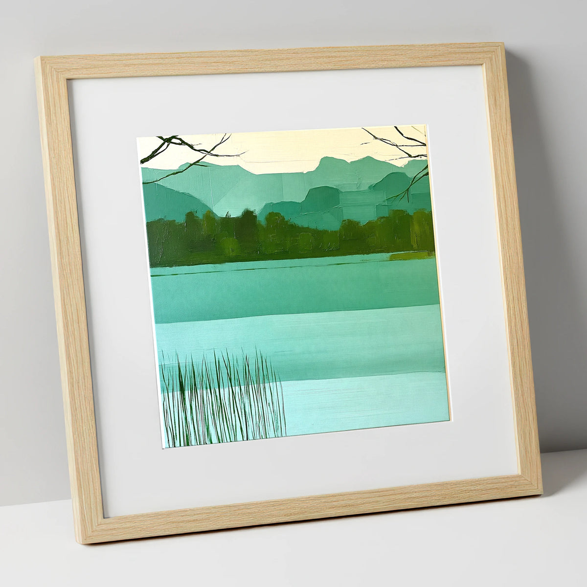 Teal Fells Above Elter Water lake district lake art print in natural frame