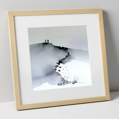 Monochrome Fell Top Hikers lake district fell art print in natural frame
